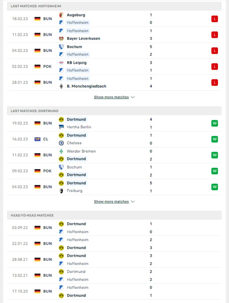 Phong độ và lịch sử đối đầu của của Hoffenheim vs Borussia Dortmund 
